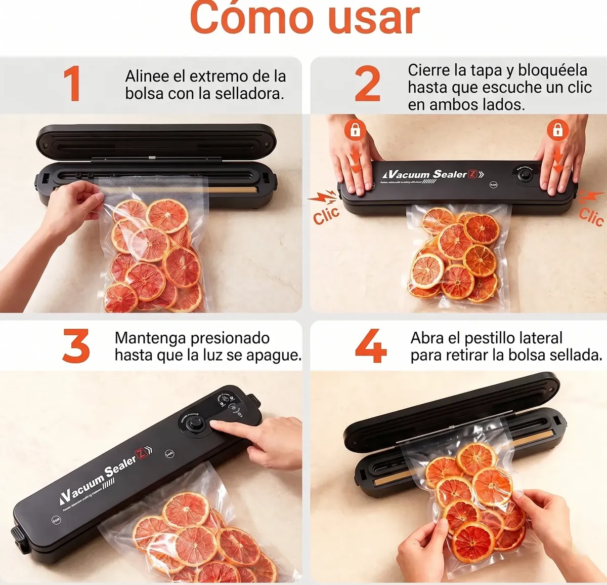 Guía visual de cuatro pasos para usar la selladora al vacío